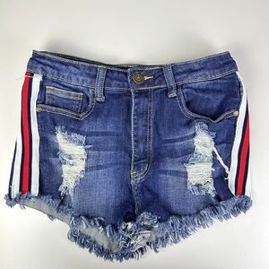 Machine Blue Side Striped Distressed Cotton Cut-Off Denim‎ Shorts Size Medium